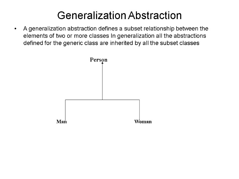 Generalization Abstraction A generalization abstraction defines a subset relationship between the elements of two